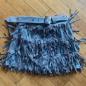 Fringed Blue Leather Skirt with Belt